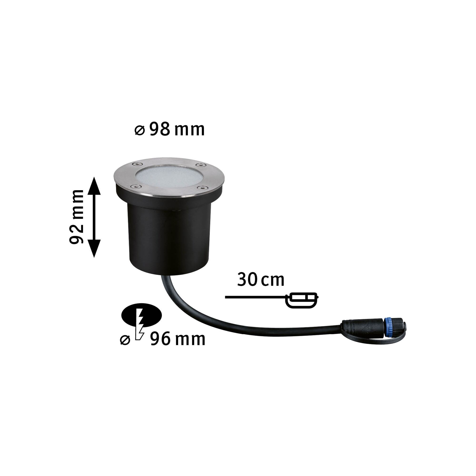 Rund indbygnings-LED-spot i rustfrit stål og sort plastik med 30 cm kabel