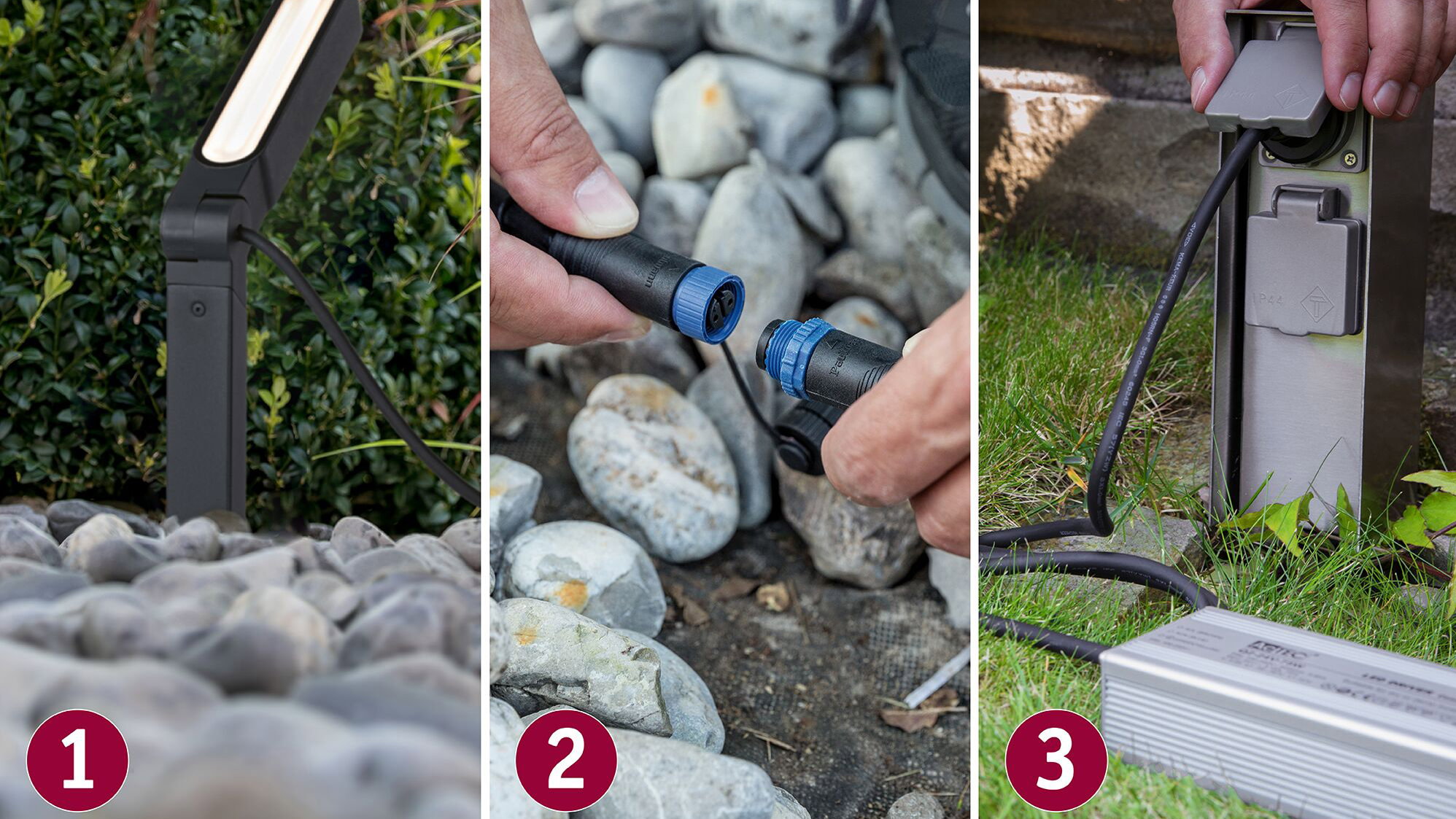 Dreiteiliges Bild zeigt schwarzen LED-Gartenstrahler, wasserdichte Steckverbinder und Außensteckdose mit Kabelanschluss