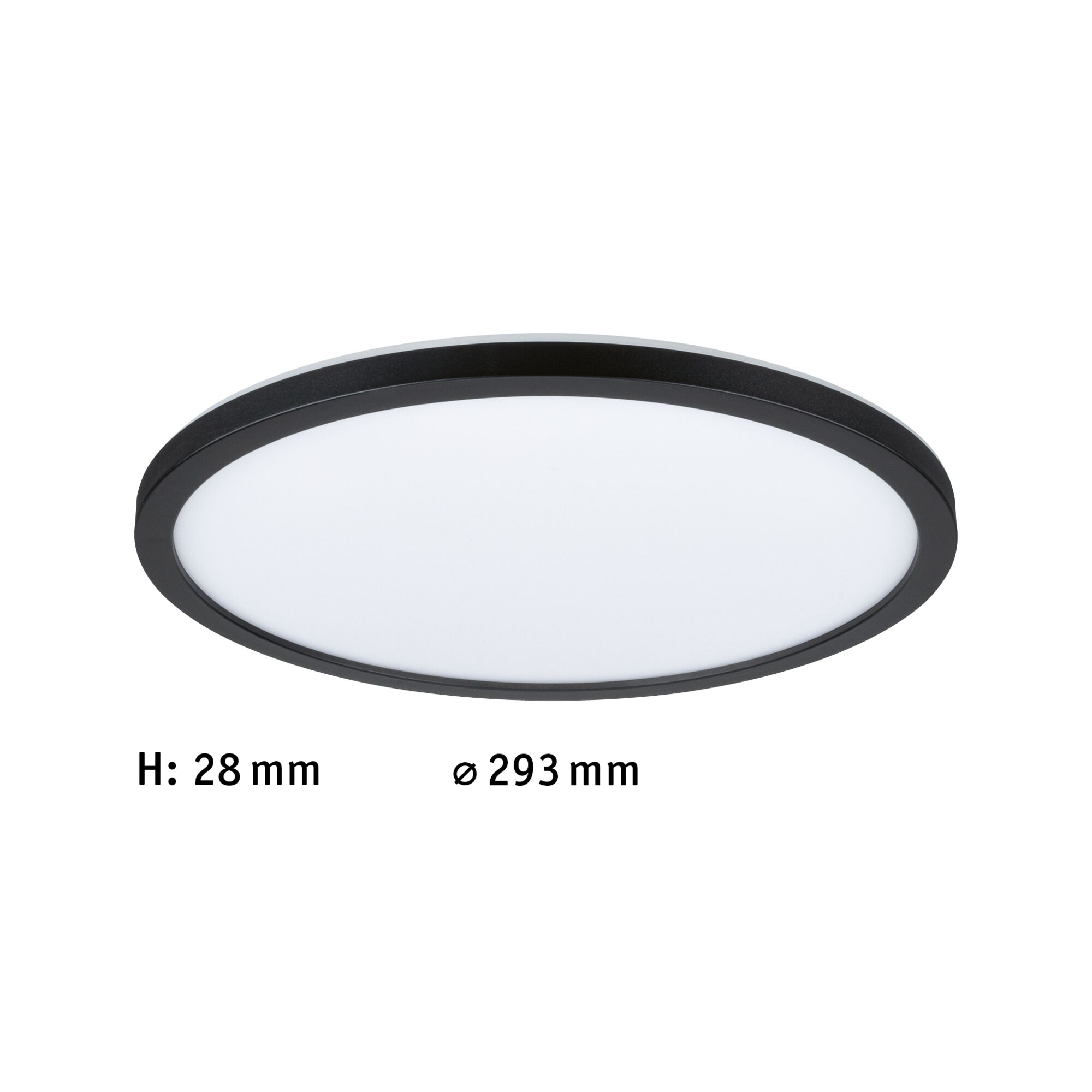 Flache runde LED-Deckenleuchte mit schwarzem Rahmen und weißem Diffusor, 293 mm Durchmesser