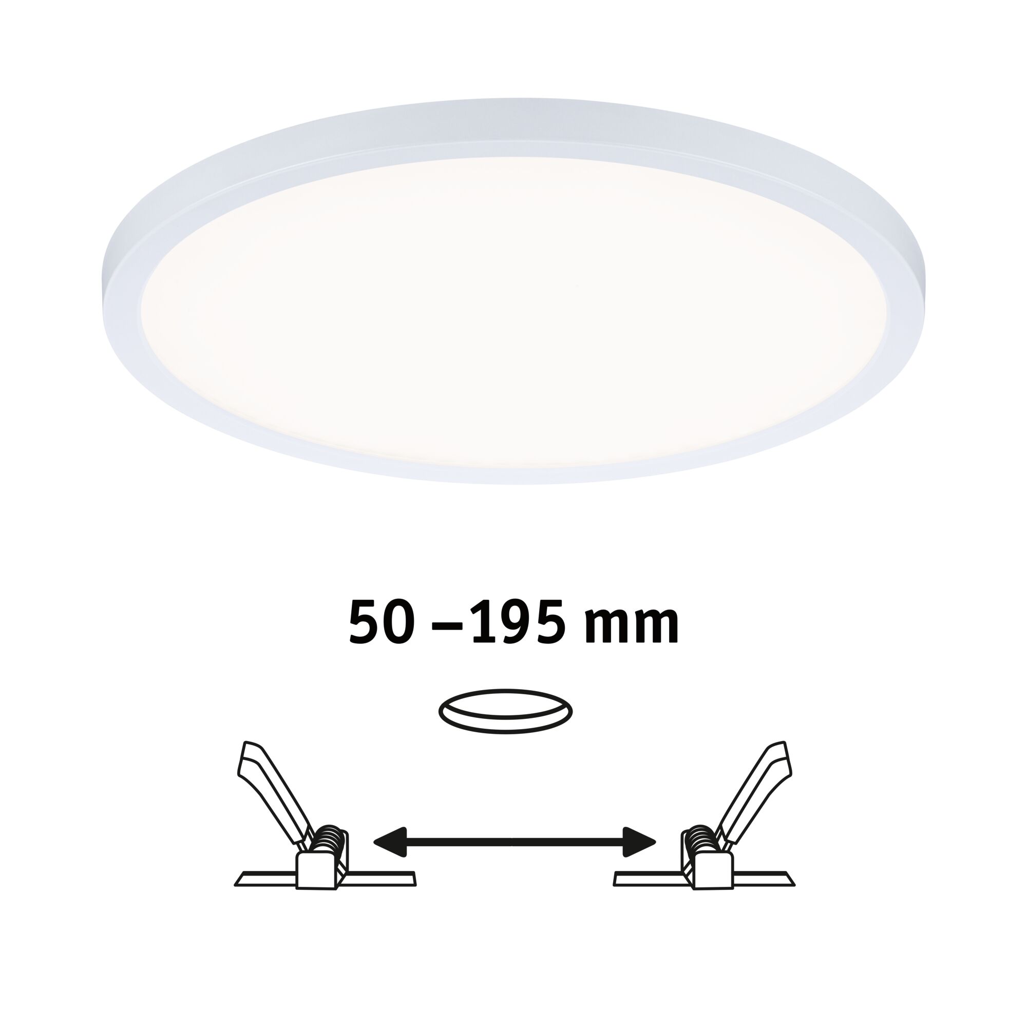 Round white LED ceiling light with adjustable installation size 50-195 mm for modern room lighting