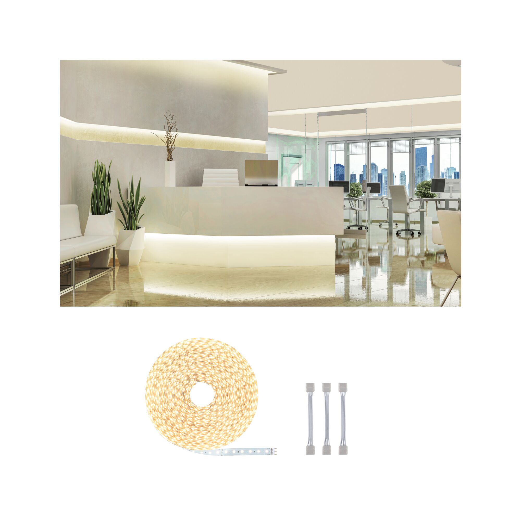 MaxLED 500 LED Strip Einzelstrip 20m Warmweiß 72W 55lm/m 2700K LED-Lichtband mit warmweißem Licht und Verbindungsstücken, ideal für moderne Raumbeleuchtung und Akzente.