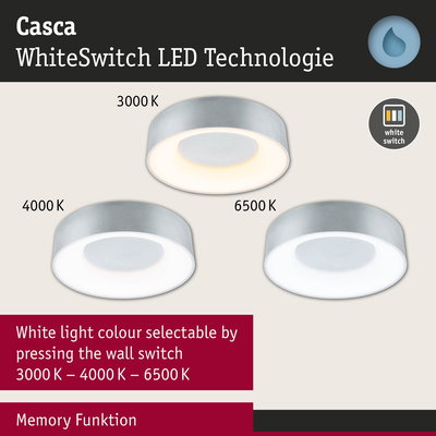 Casca silver LED ceiling light with WhiteSwitch technology and selectable white light colour 3000K to 6500K