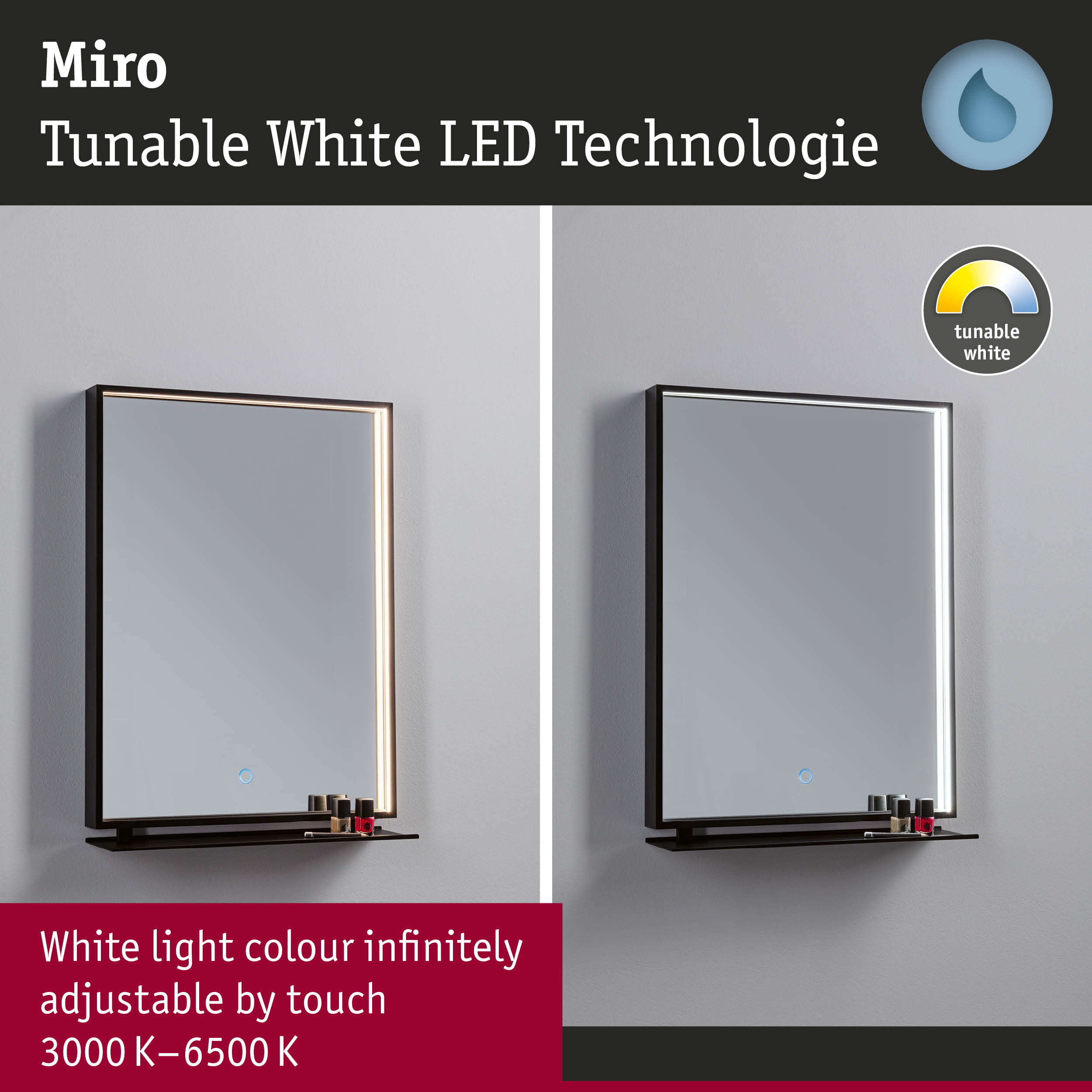 Miro LED mirror with tunable white light 3000K-6500K and black frame for bathroom