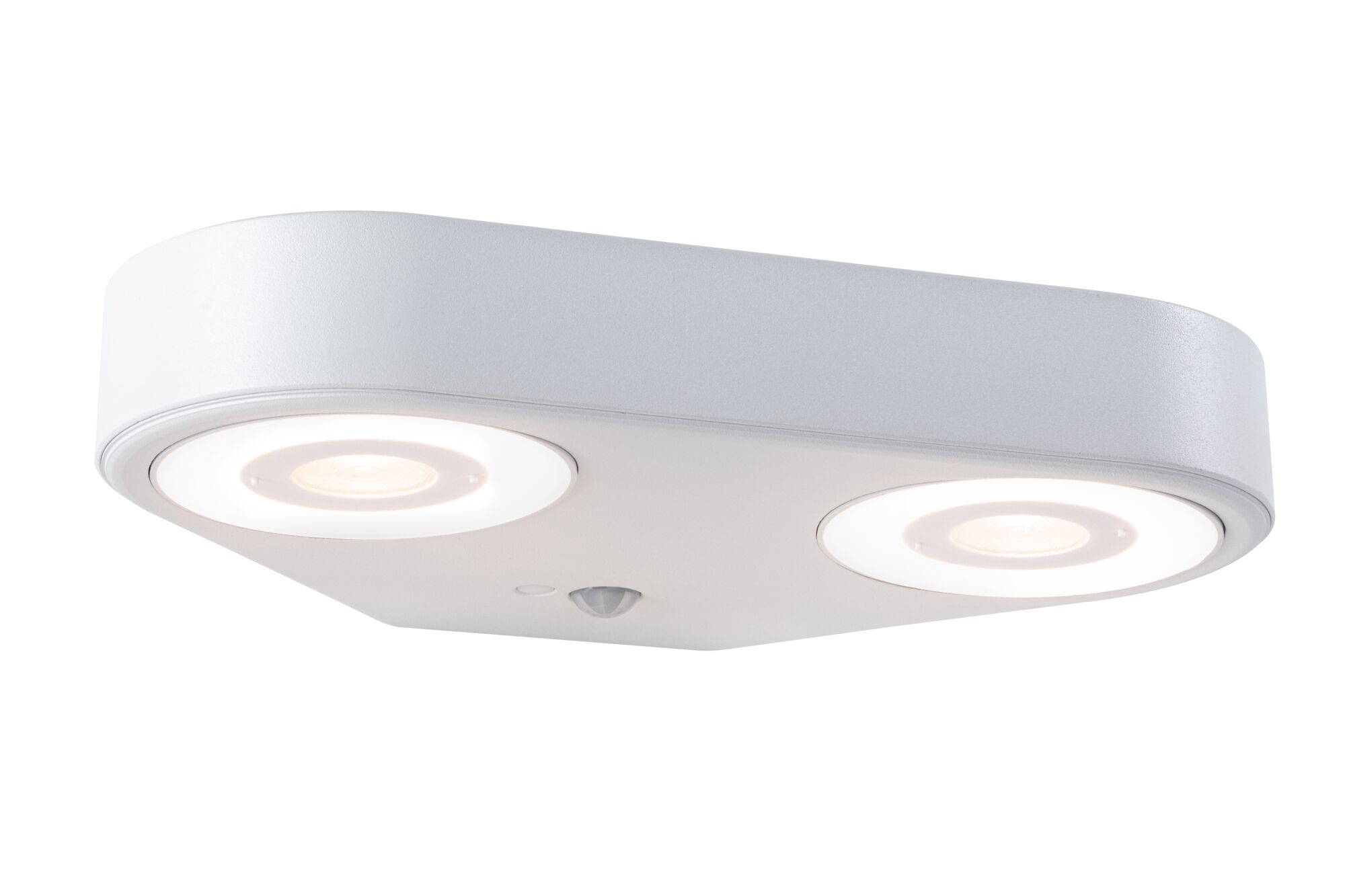 Weiße LED-Deckenleuchte aus Metall mit zwei runden Leuchtflächen und Bewegungsmelder für Innenräume