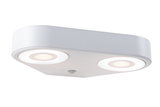 Weiße LED-Deckenleuchte aus Metall mit zwei runden Leuchtflächen und Bewegungsmelder für Innenräume