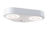Weiße LED-Deckenleuchte aus Metall mit zwei runden Leuchtflächen und Bewegungsmelder für Innenräume