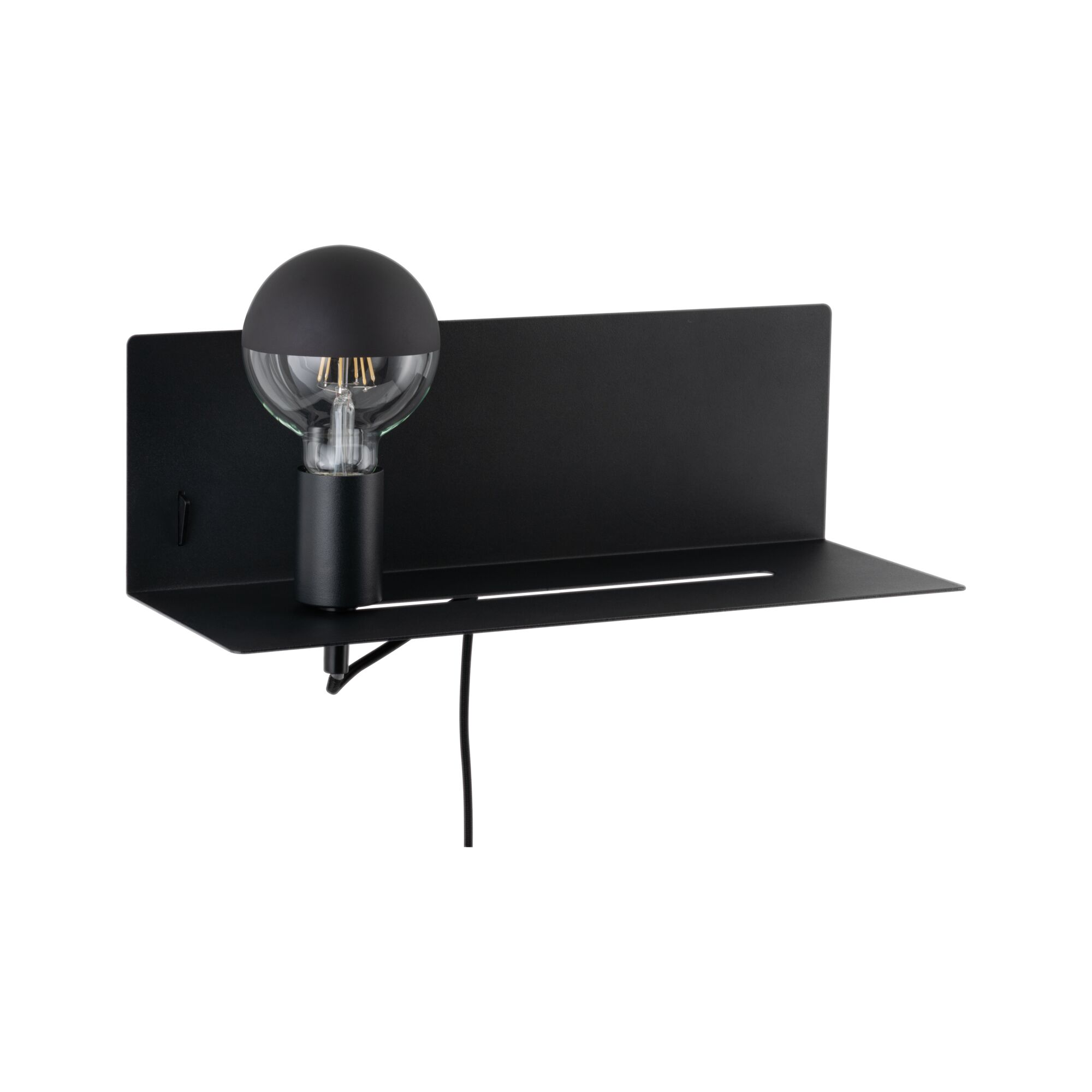 Black metal wall lamp with half-sphere shade and visible bulb, modern minimalist lighting fixture