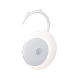 Round white LED night light with motion sensor and flexible plastic hook for easy hanging and use