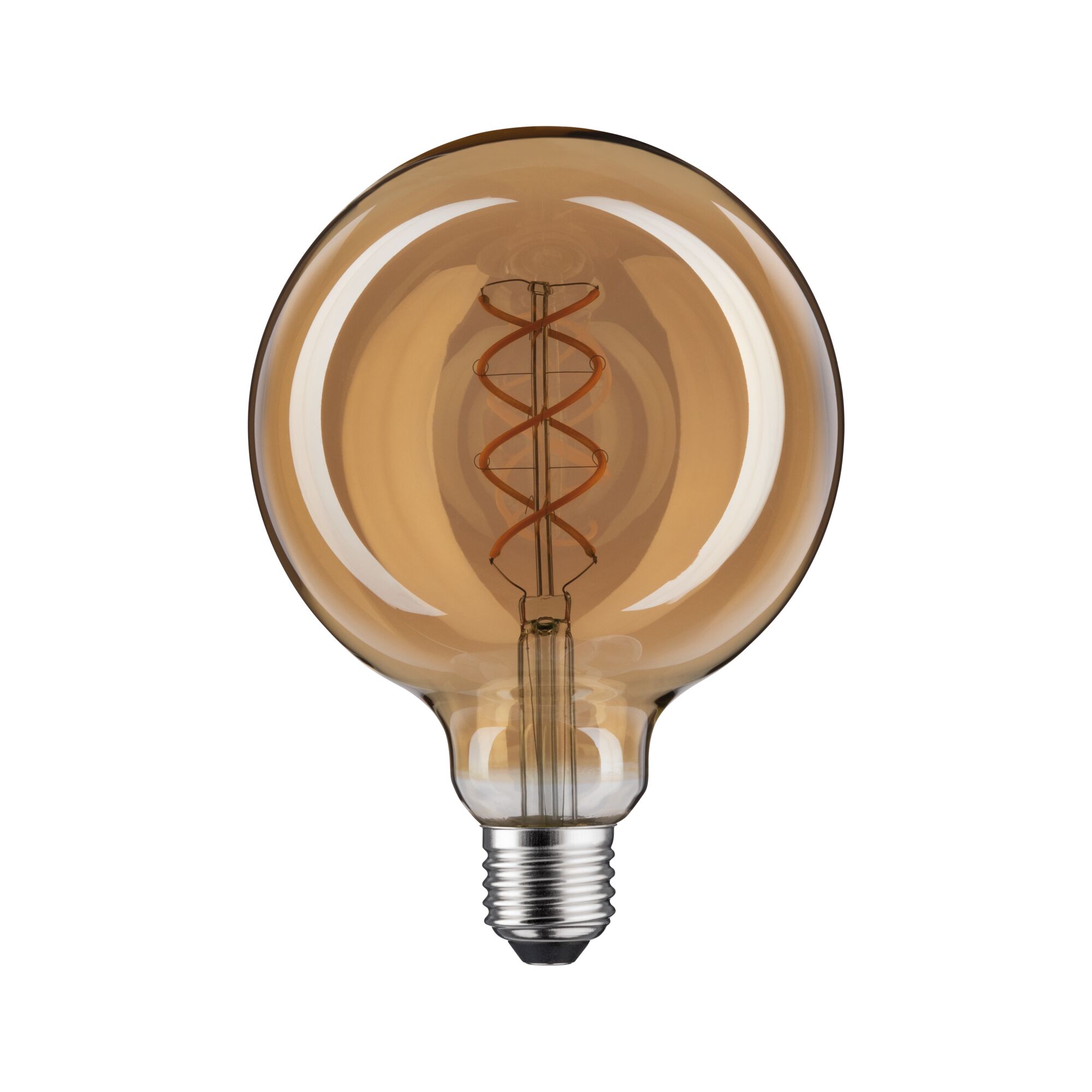 Round LED bulb with spiral filament in amber glass for decorative lighting use