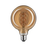 Round LED bulb with spiral filament in amber glass for decorative lighting use