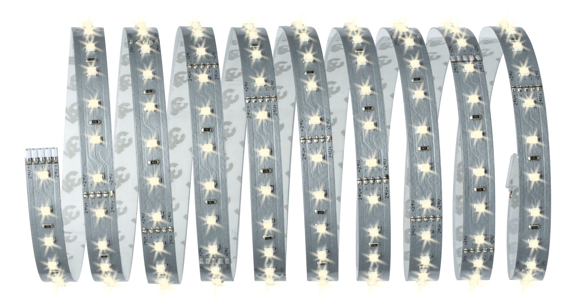 Flexible LED strip with warm white LEDs on silver circuit board for decorative lighting