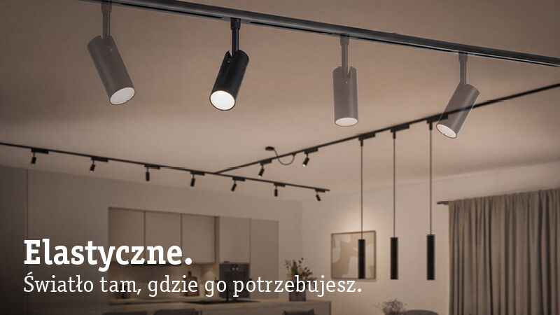 Elastyczny system szynowy URail z czarnymi i białymi reflektorami LED w nowoczesnym wnętrzu.