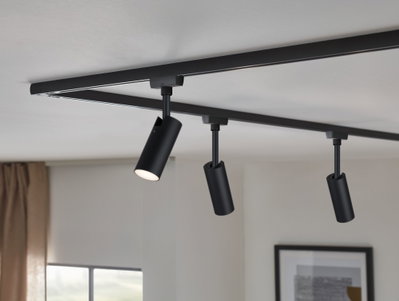 Black aluminum 3-light track system with adjustable LED spotlights for modern room lighting