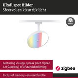 Witte URail spot Hildor met kleurrijk licht, bediening via app, spraak en afstandsbediening, Zigbee 3.0