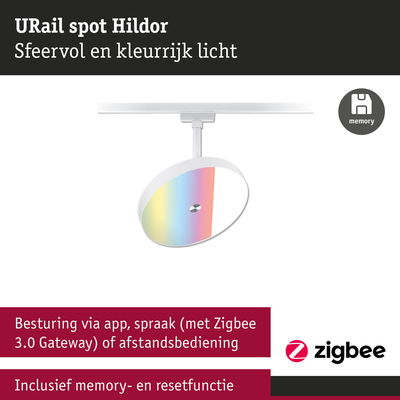 Witte URail spot Hildor met kleurrijk licht, bediening via app, spraak en afstandsbediening, Zigbee 3.0