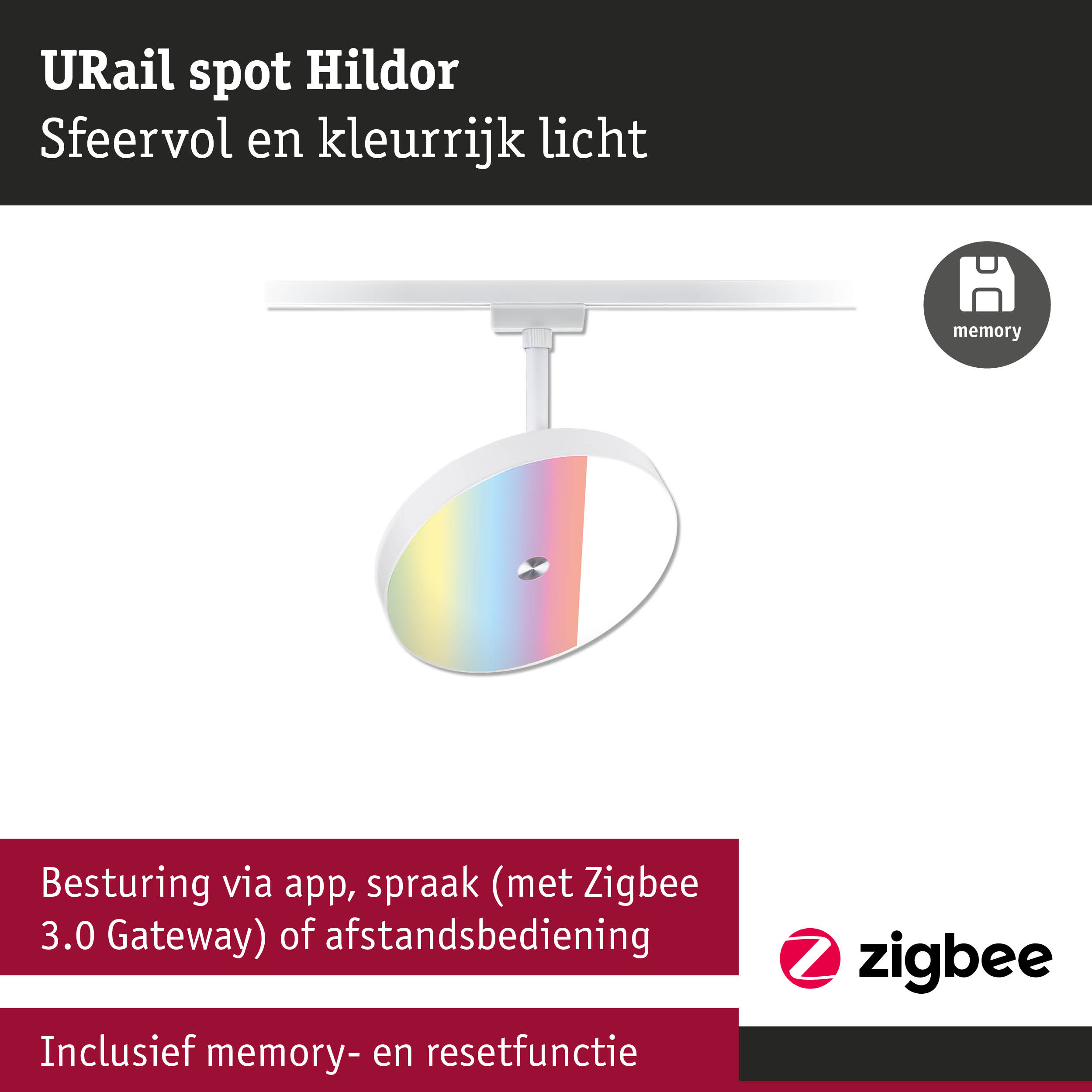Witte URail spot Hildor met kleurrijk licht, Zigbee bediening en geheugenfunctie