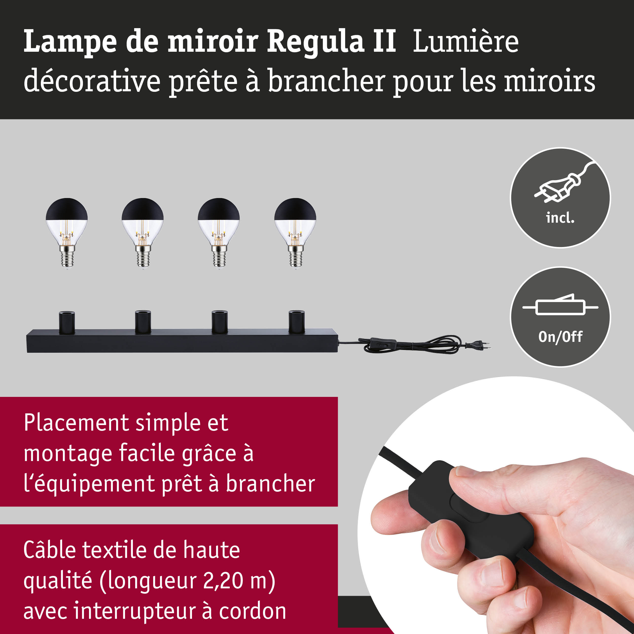 Kit Éclairage de miroir Regula II ampoules incluses 4-flammes E14 2700K 4x250lm 230V 4x2,5W gradable Noir/Calotte réflectrice en noir mat