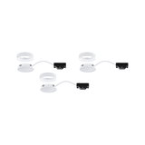 Three white LED recessed spotlights with connection cables and mounting clips for modern lighting