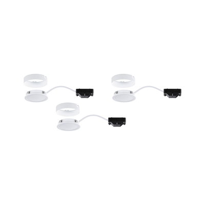 Three white LED recessed spotlights with connection cables and mounting clips for modern lighting