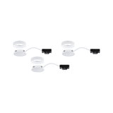 Three white LED recessed spotlights with connection cables and mounting clips for modern lighting