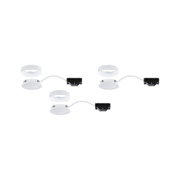 Three white LED recessed spotlights with connection cables and mounting clips for modern lighting