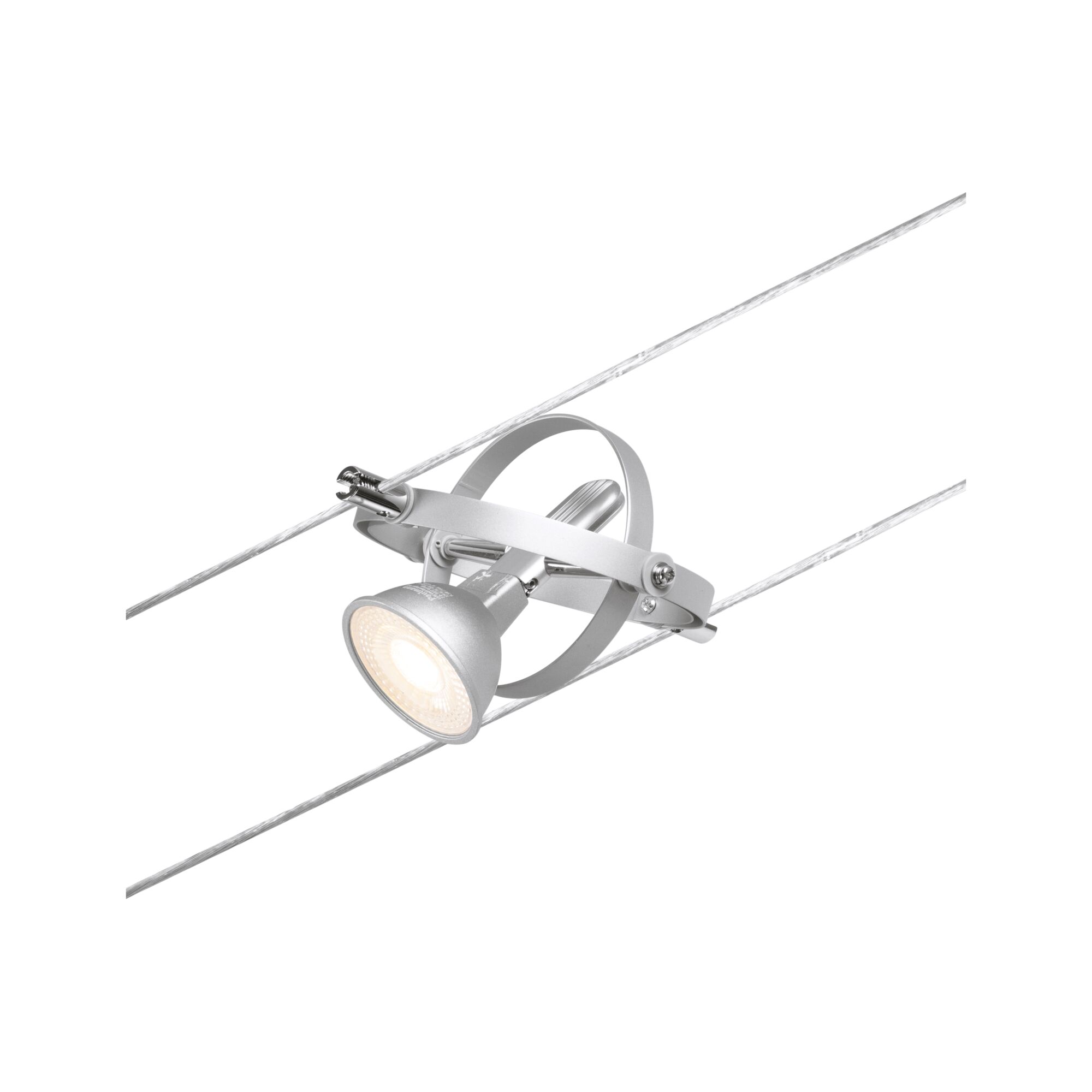 Silver metal LED cable spotlight with adjustable lamp head for modern lighting solutions