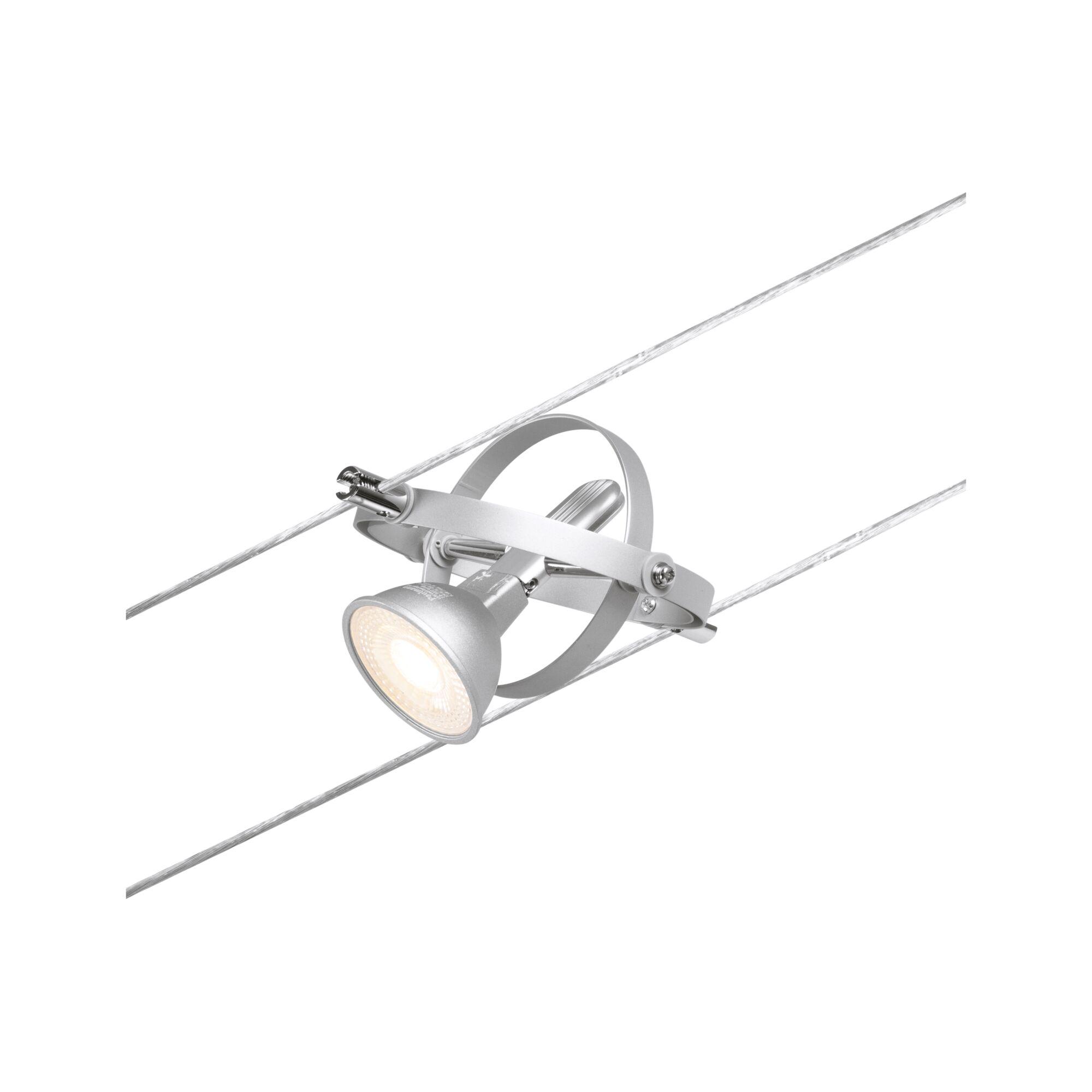 Silberne LED-Seilstrahlerleuchte aus Metall mit verstellbarem Spot für moderne Beleuchtung
