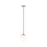 Modern pendant light with white glass and brass-colored metal for stylish room lighting