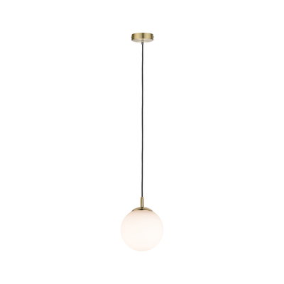 Modern pendant light with white glass and brass-colored metal for stylish room lighting