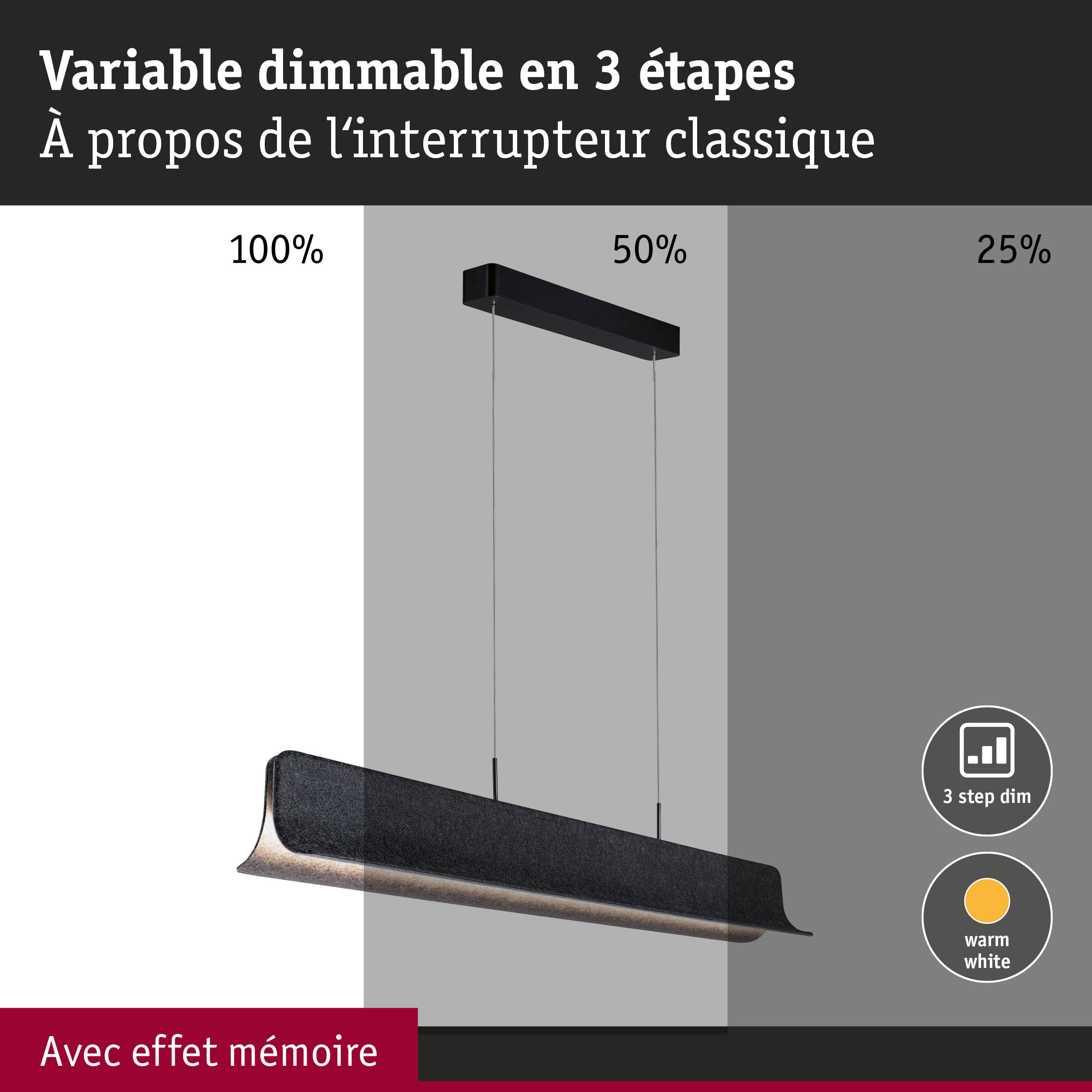 Suspension LED noire avec variation en 3 étapes et lumière blanc chaud pour intérieur