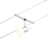 Moderner Seilstrahler mit silbernem Aluminiumgehäuse und weißem Glas für flexible Beleuchtung.