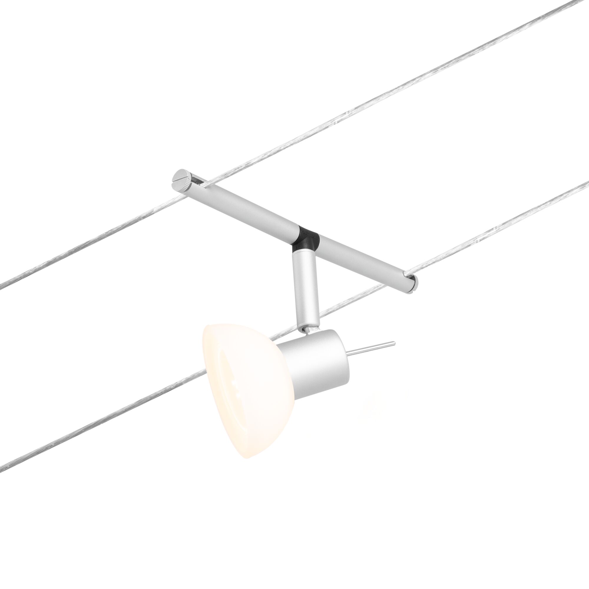 Moderner Seilstrahler mit silbernem Aluminiumgehäuse und weißem Glas für flexible Beleuchtung.