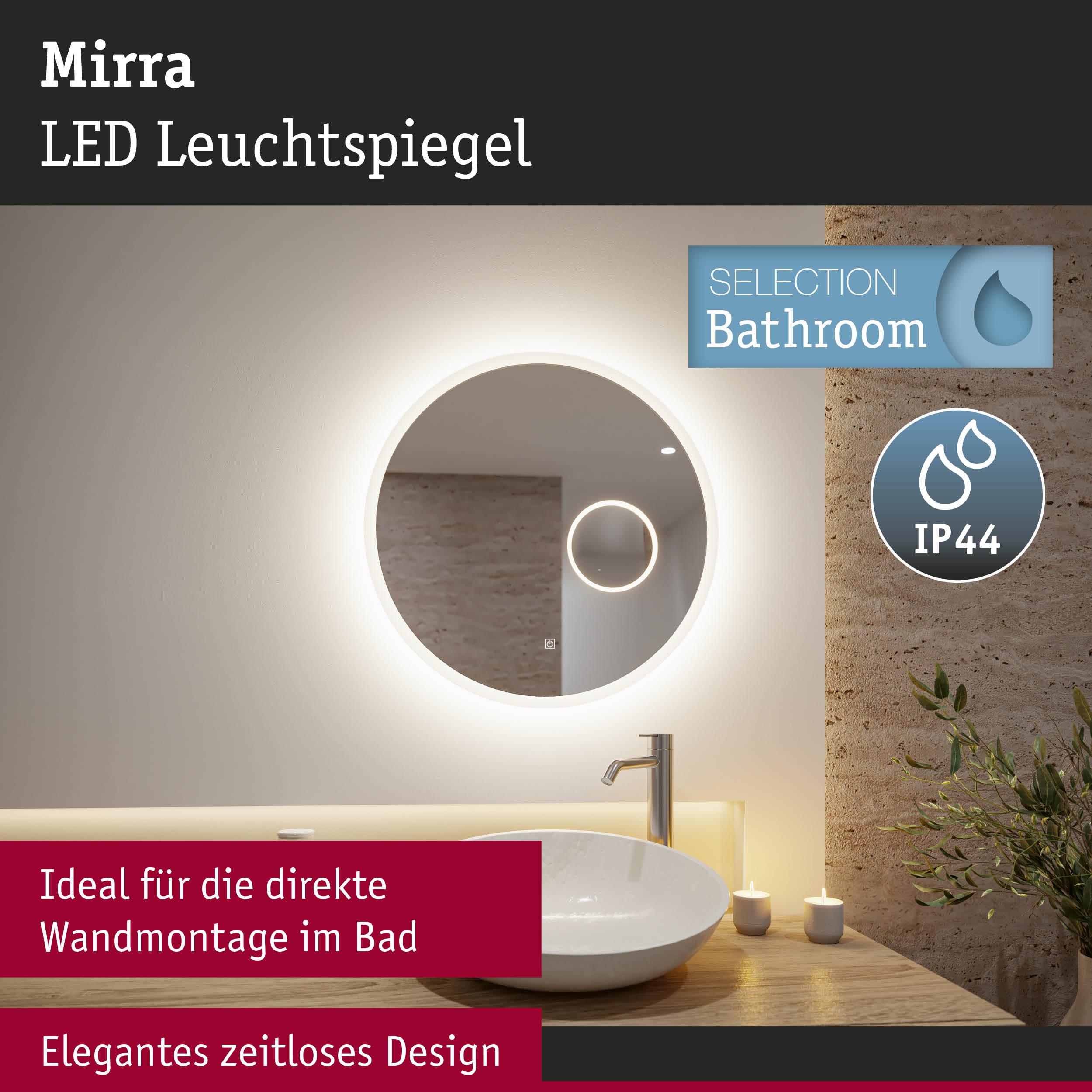 Runder Mirra LED Leuchtspiegel mit warmweißem Licht und IP44 Schutz für Badezimmerwandmontage