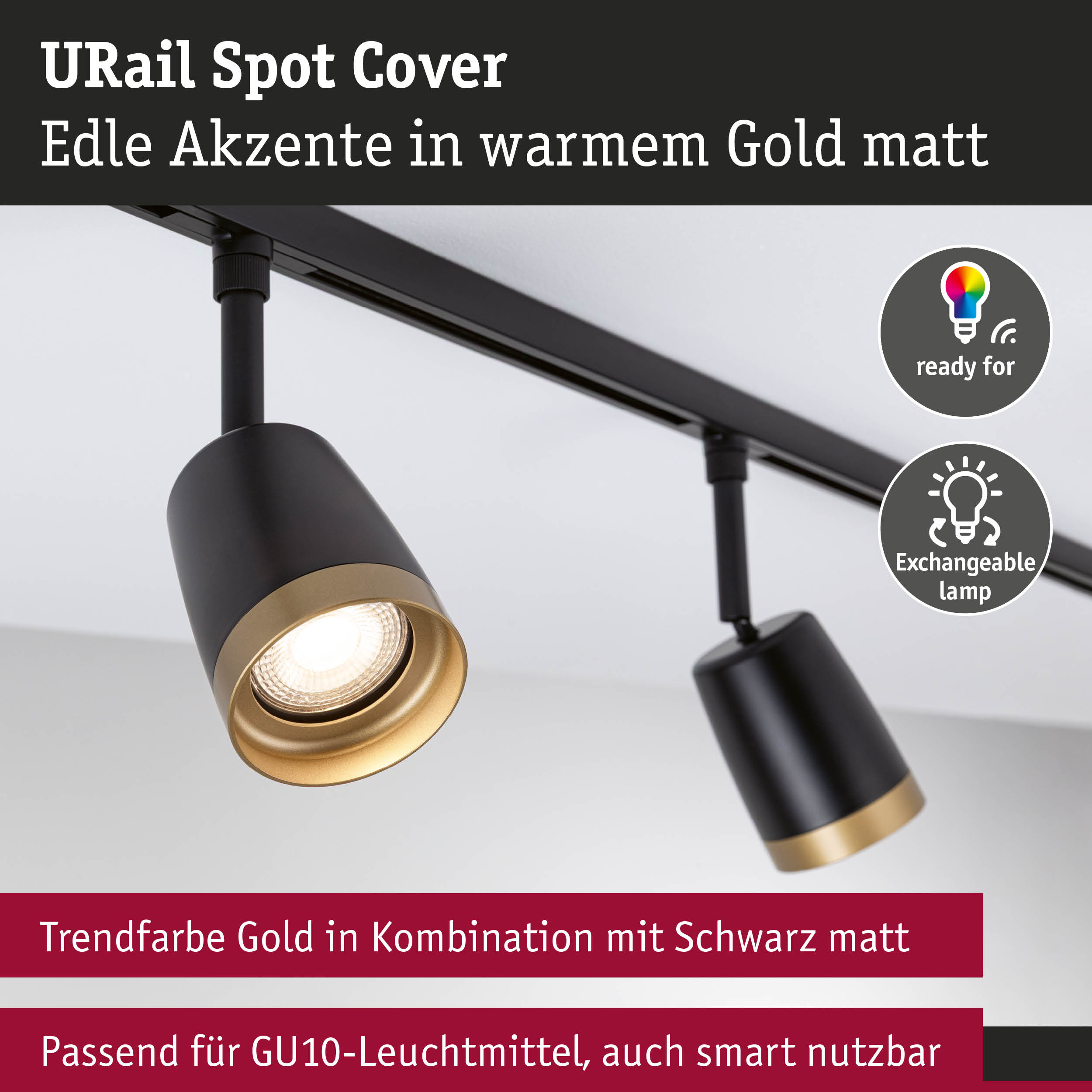 URail Spot Cover in mattschwarz mit warmgoldenem Akzent, LED-Strahler für GU10-Leuchtmittel