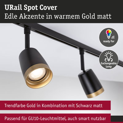 URail Spot Cover in mattschwarz mit warmgoldenem Akzent, LED-Strahler für GU10-Leuchtmittel