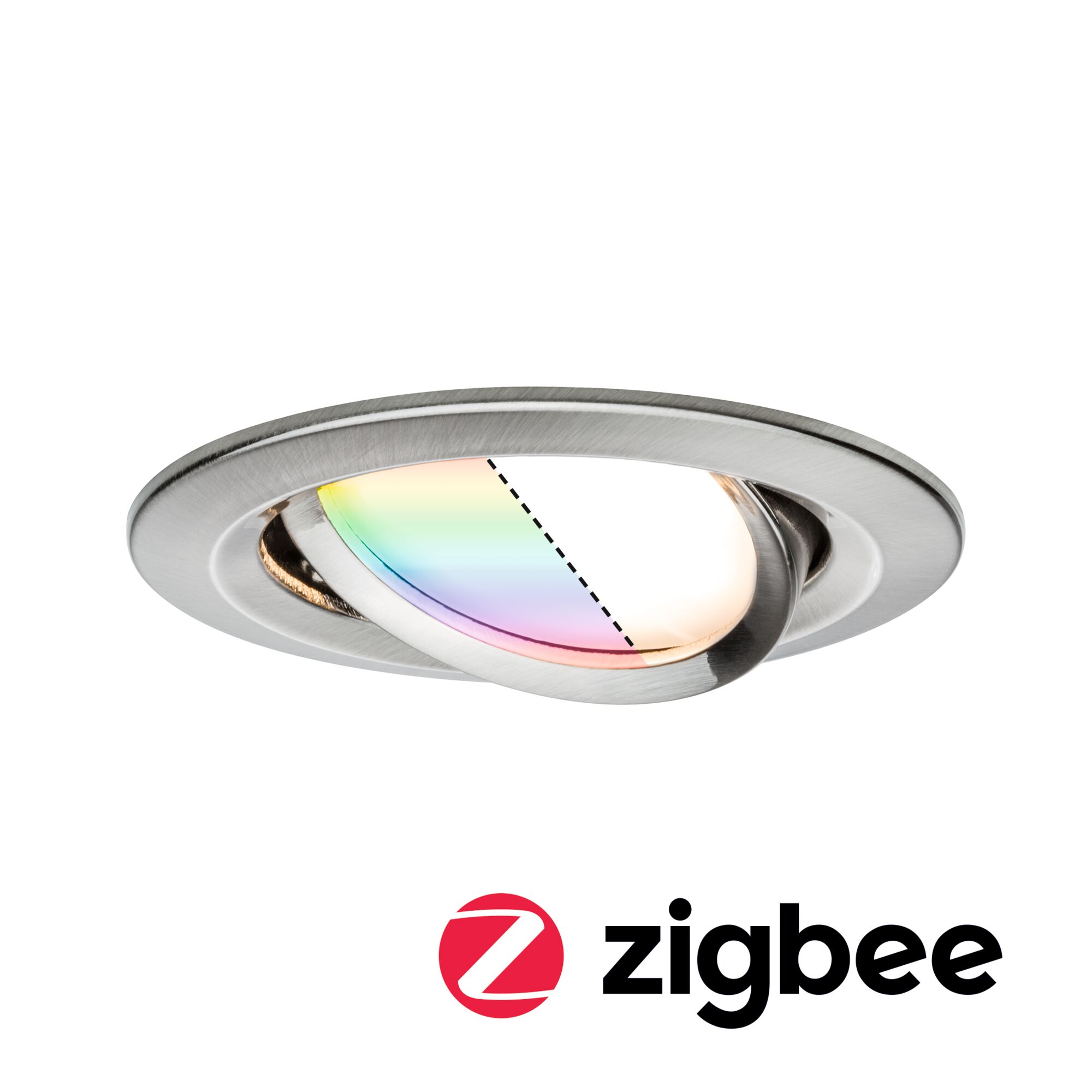 LED-inbouwlamp Smart Home Zigbee 3.0 Nova Plus Coin zwenkbaar rond 84mm 50° Coin 5,2W 400lm 230V dimbaar RGBW+ Staal geborsteld Ronde inbouwspot van geborsteld roestvrij staal met verstelbare RGB LED en Zigbee-functionaliteit