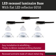 White LED recessed luminaire with flat GU10 LED reflector and sturdy metal ring for easy installation