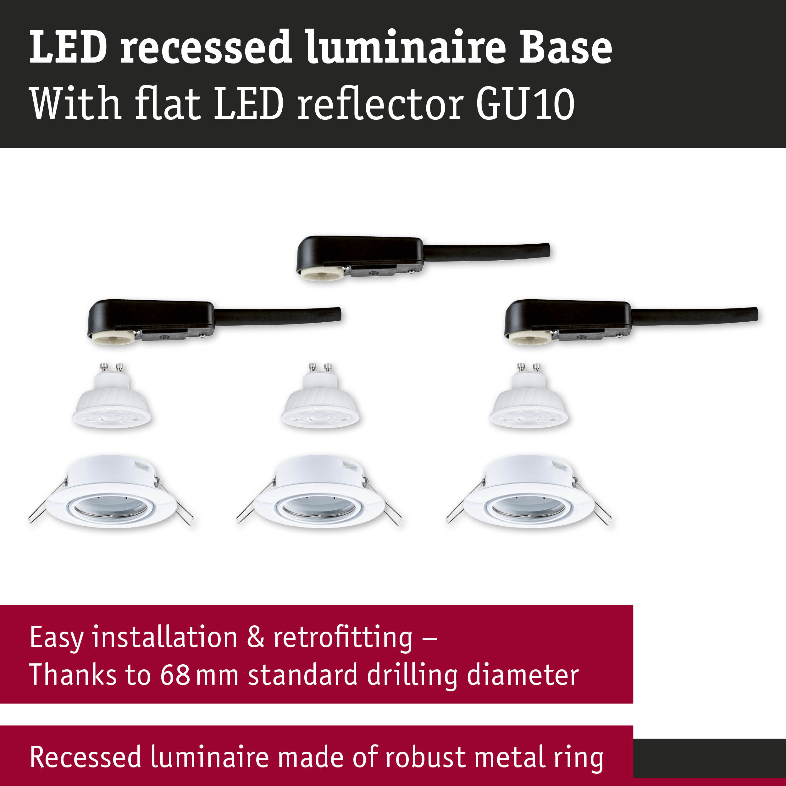 White LED recessed luminaire with flat GU10 LED reflector and sturdy metal ring for easy installation