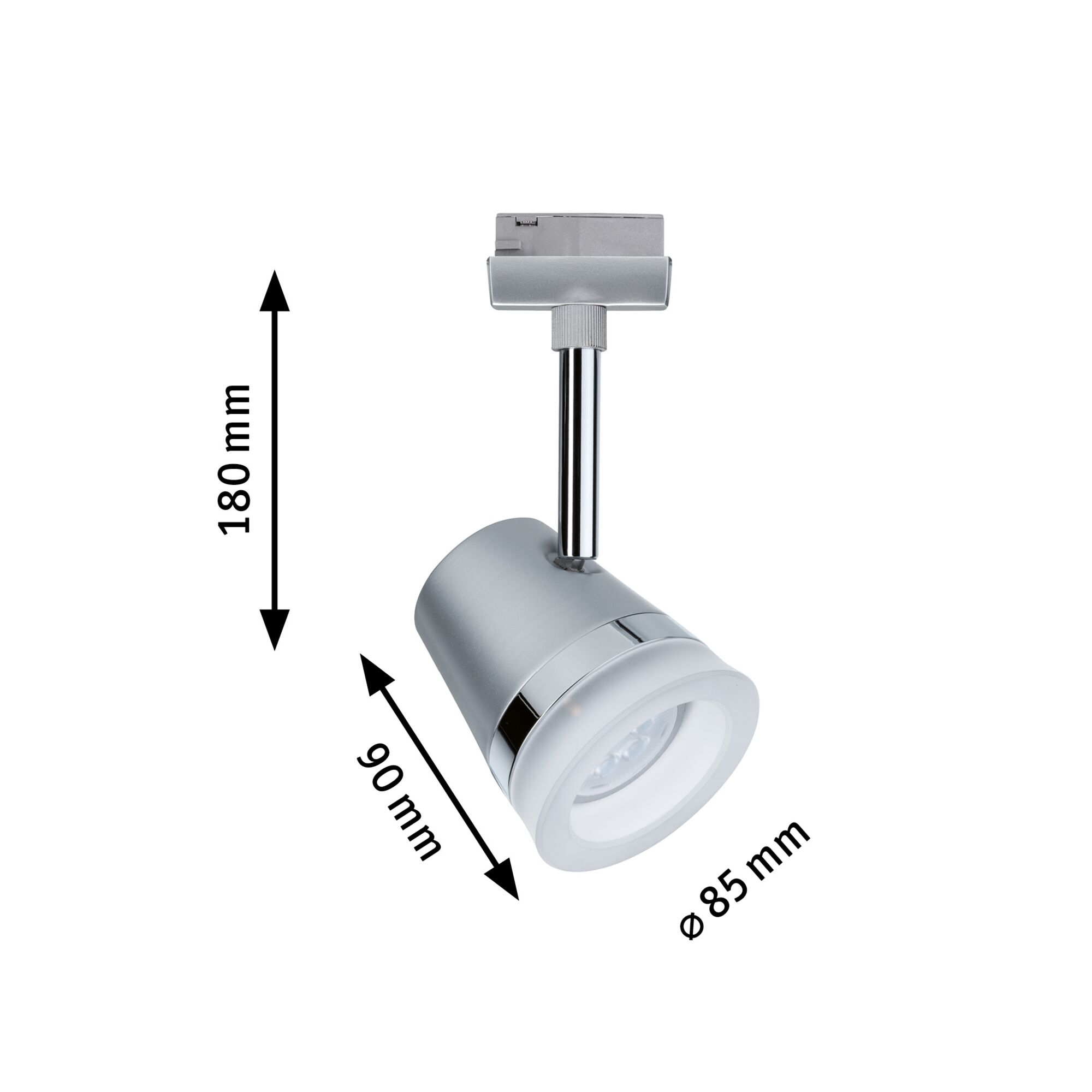 Spot LED en métal argenté de 180 mm de haut et 85 mm de diamètre, éclairage intérieur moderne.