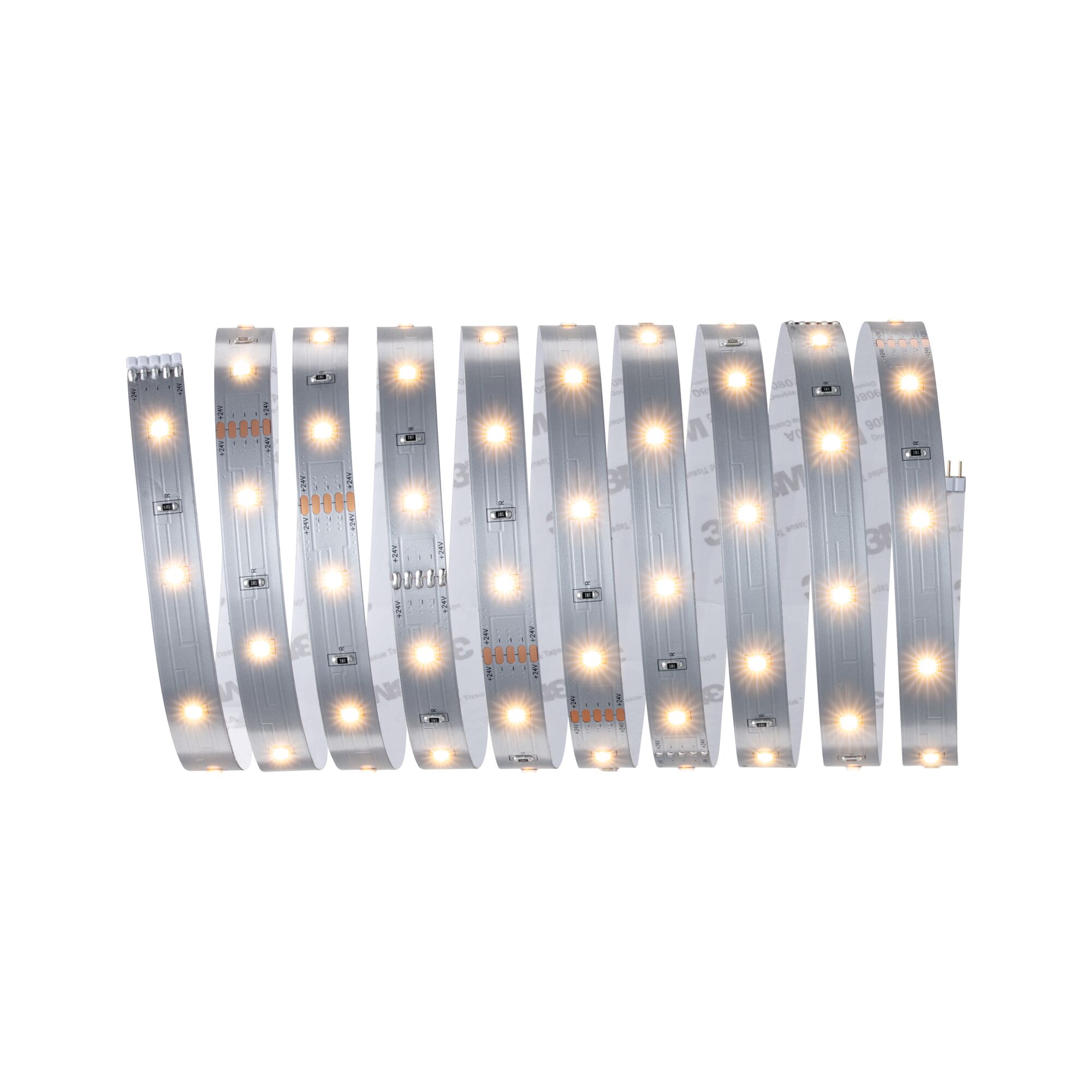 Flexibele LED-strip met warmwitte LEDs op zilverkleurige printplaat voor veelzijdige verlichting.