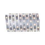 Flexible LED strip with warm white LEDs on silver circuit board for versatile lighting solutions.