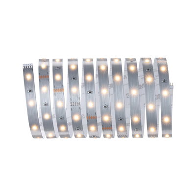 Flexible LED strip with warm white LEDs on silver circuit board for versatile lighting solutions.