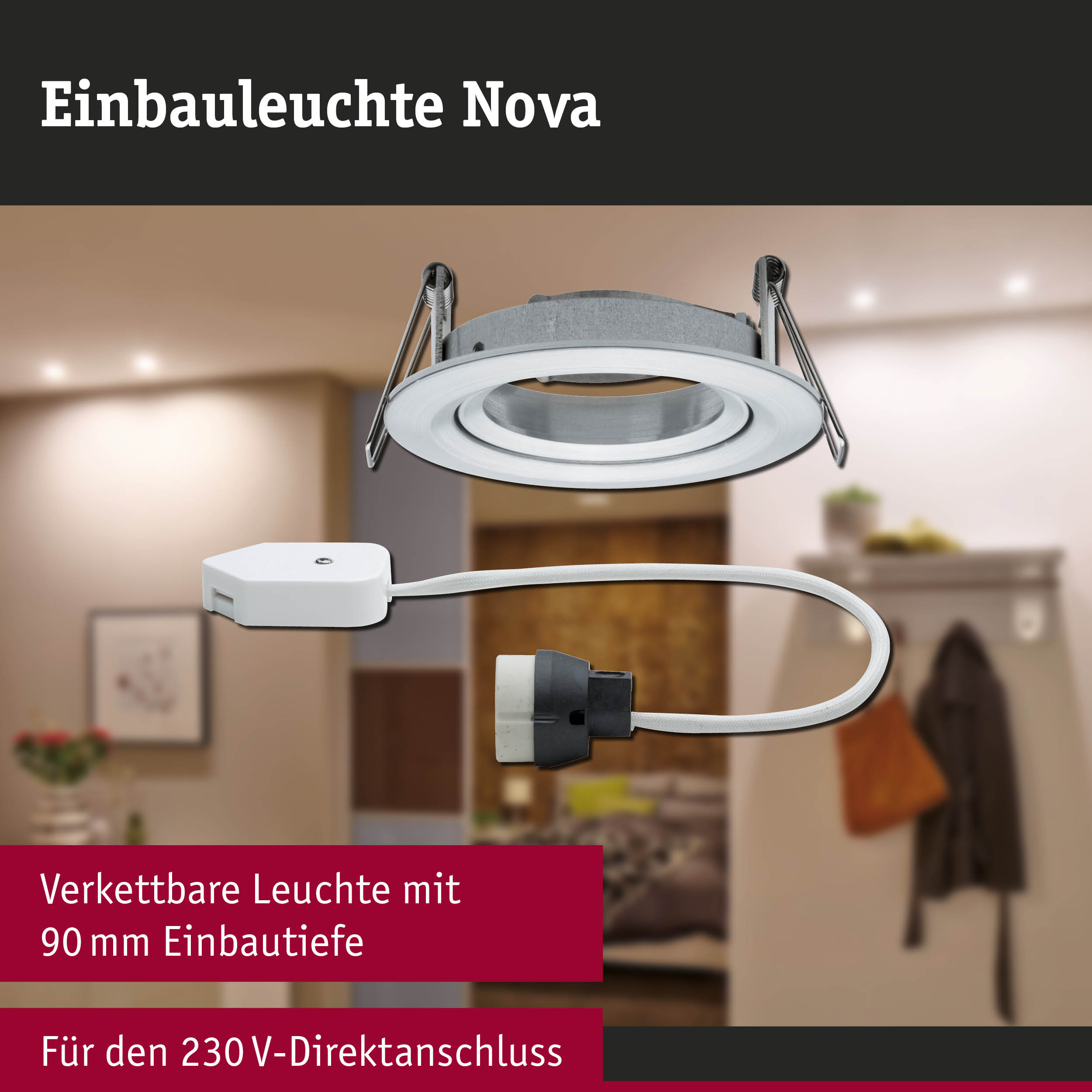 Einbauleuchte Nova aus weißem Metall mit 90 mm Einbautiefe und 230V Direktanschluss für LED Beleuchtung