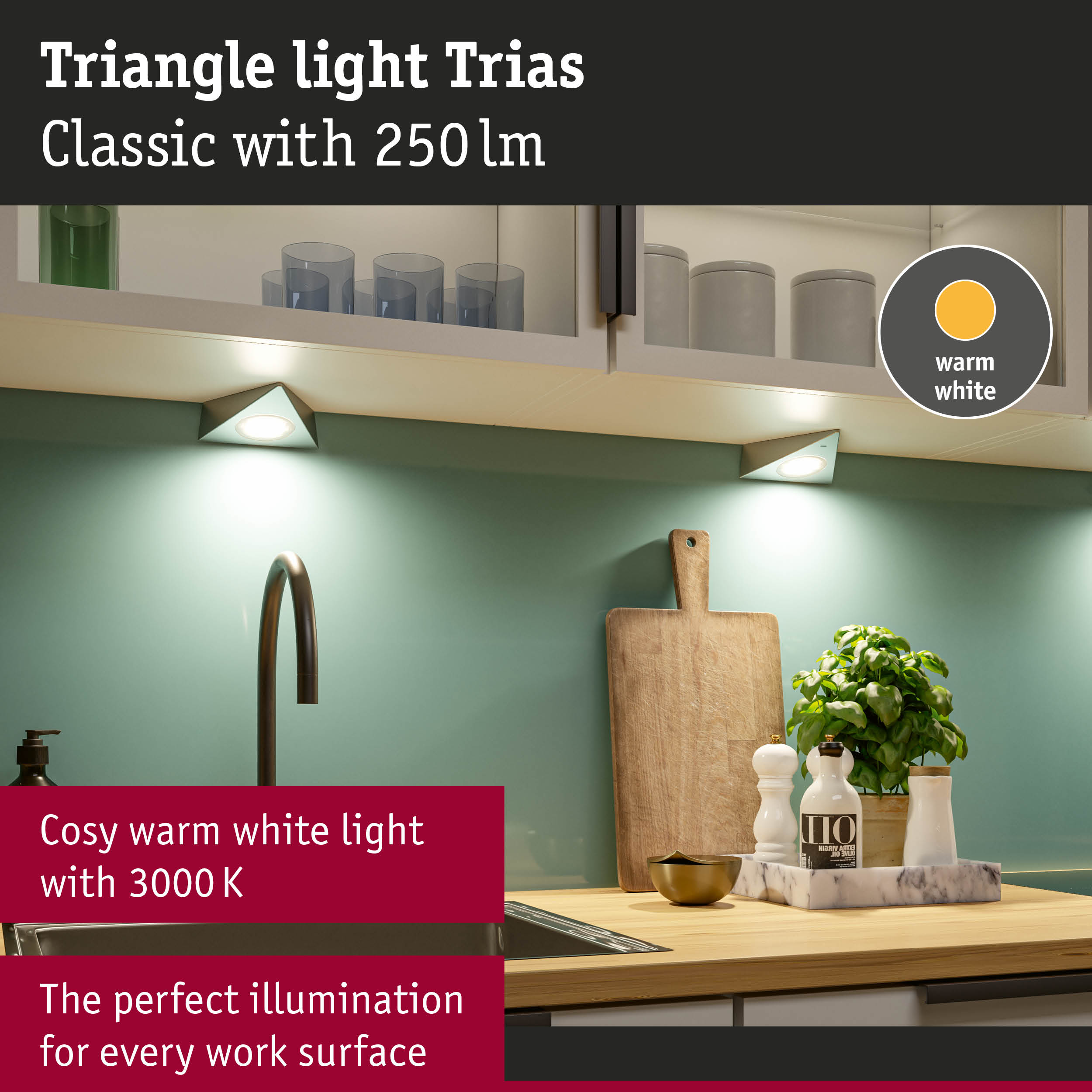 Triangle LED under-cabinet light Trias in white with warm white light for kitchen work surfaces