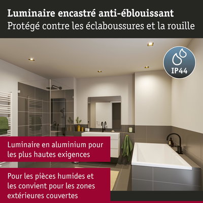 Luminaire encastré en aluminium avec LED blanc chaud, IP44 pour pièces humides et zones extérieures couvertes