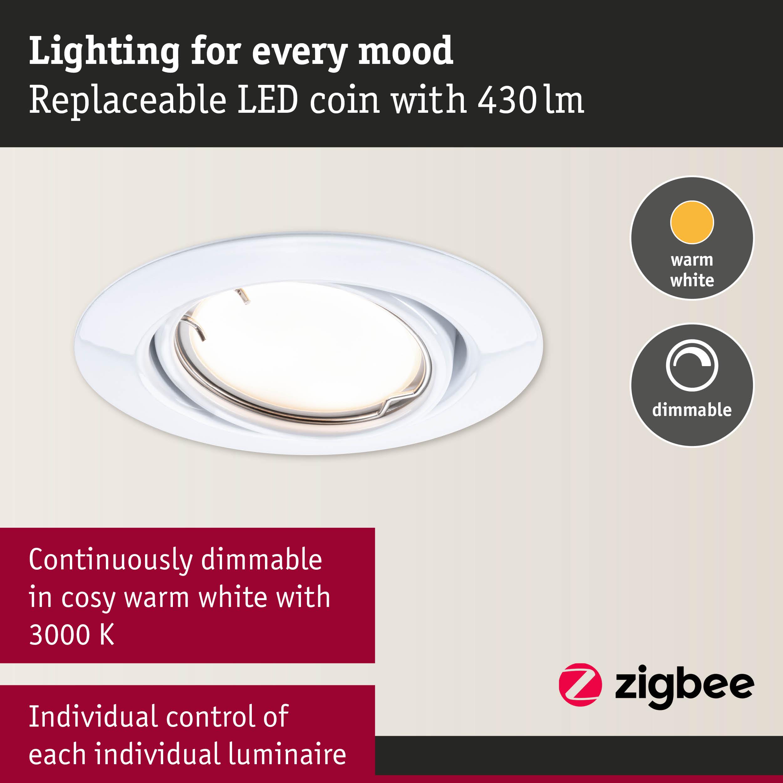 White LED recessed spotlight with warm white dimmable light and 430 lumens for individual control