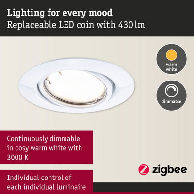 White recessed LED spotlight with replaceable LED coin, warm white and dimmable for home lighting