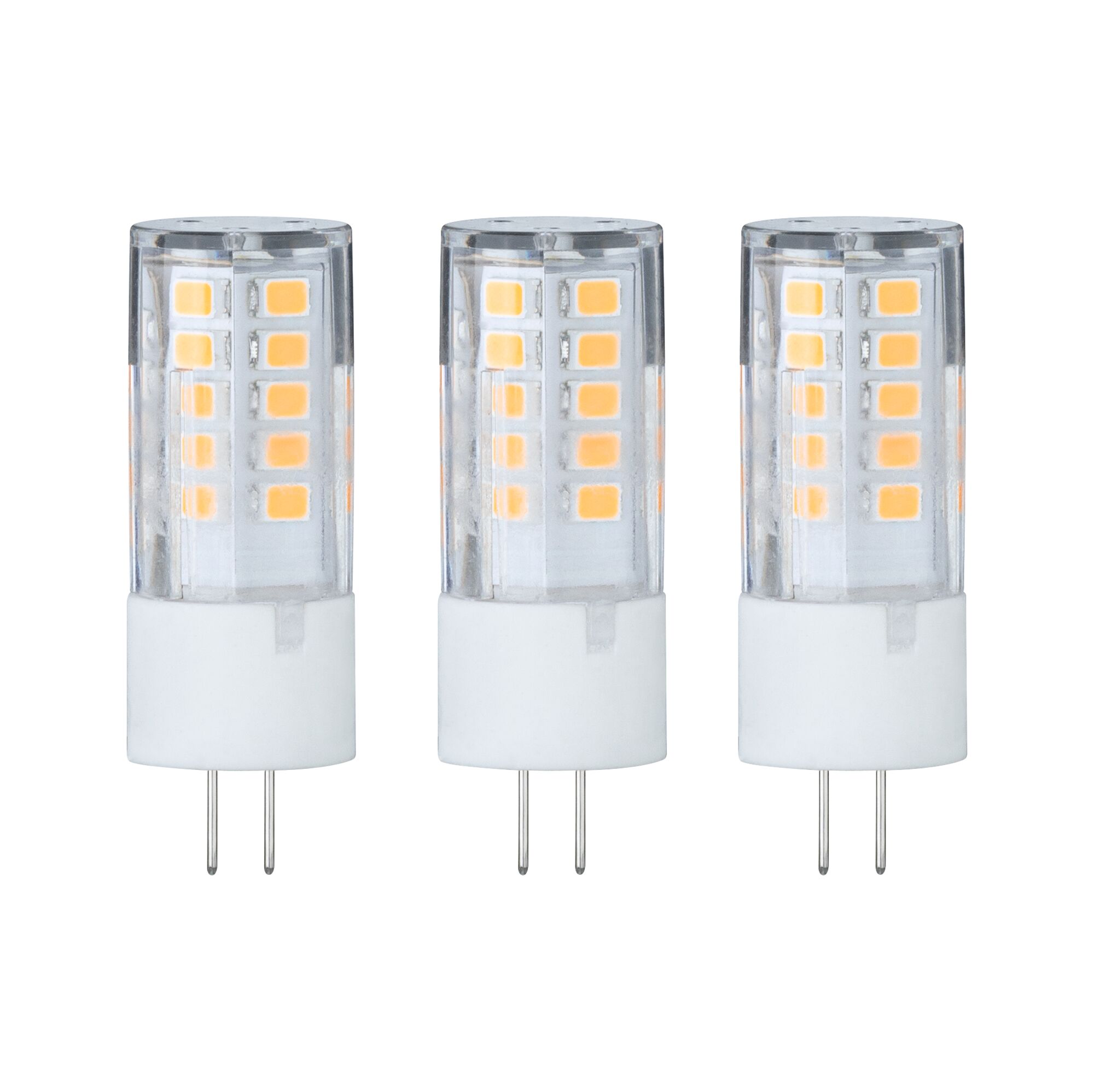 Drei transparente LED-Leuchtmittel mit weißem Sockel und warmweißen Chips für energiesparende Beleuchtung