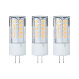 Drei transparente LED-Leuchtmittel mit weißem Sockel und warmweißen Chips für energiesparende Beleuchtung