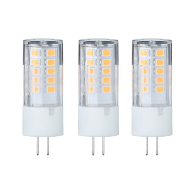 Drei transparente LED-Leuchtmittel mit weißem Sockel und warmweißen Chips für energiesparende Beleuchtung